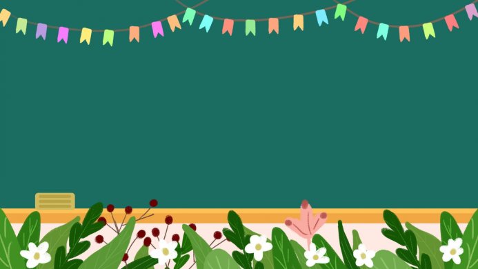 Green chalkboard with floral border and colorful garland above