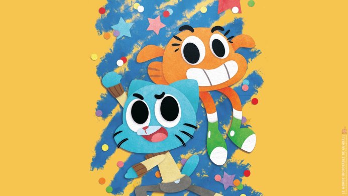 Gumball and Darwin from The Amazing World of Gumball in a playful scene with confetti