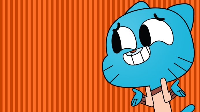Gumball Watterson from The Amazing World of Gumball with a cheerful expression against an orange striped background