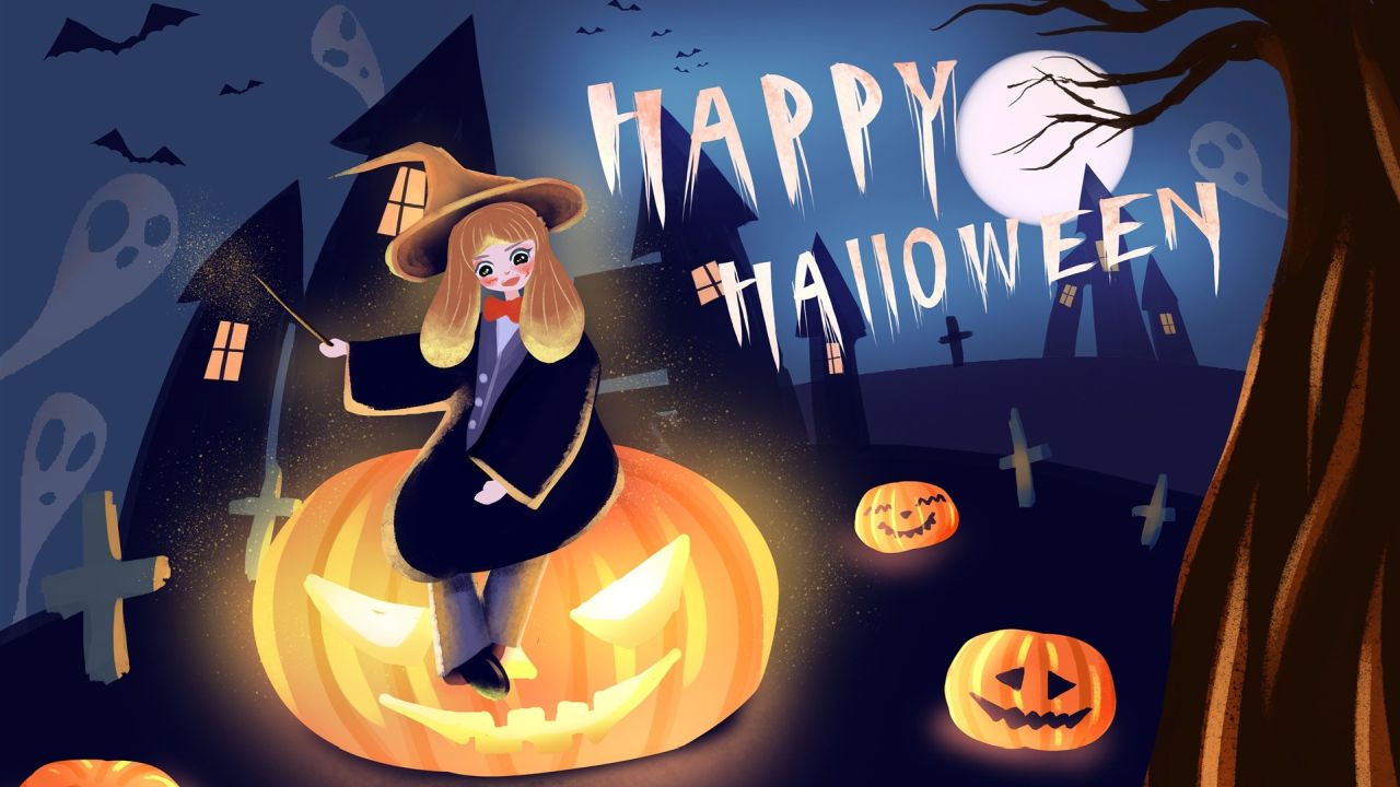 Cute witch sitting on a pumpkin
