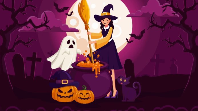 A witch stirring a cauldron with a ghost, cat and pumpkins in a spooky Halloween scene