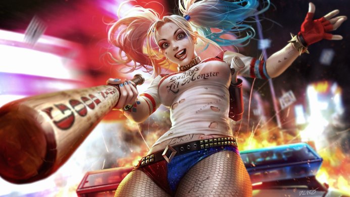 Harley Quinn, a DC Comics supervillain, wielding a baseball bat with a manic grin
