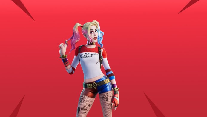 Harley Quinn from Fortnite with pigtails wearing a red and blue outfit on a red background