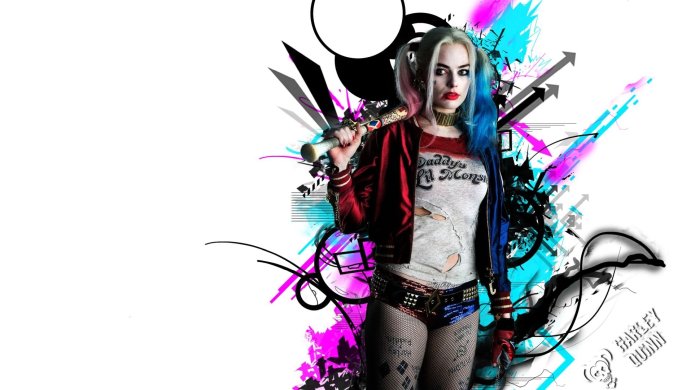 Harley Quinn with baseball bat, from Suicide Squad, on white background with abstract design elements