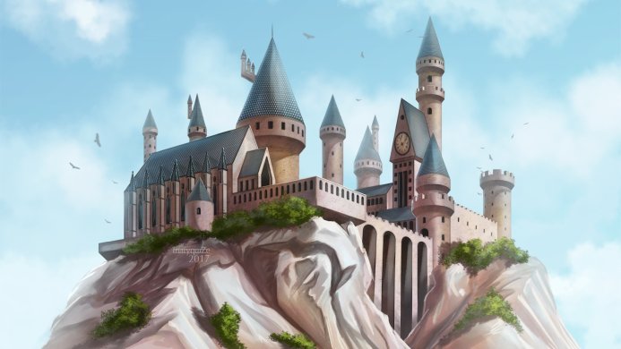 Hogwarts castle on a rock, from the Harry Potter movies, with birds flying in the sky