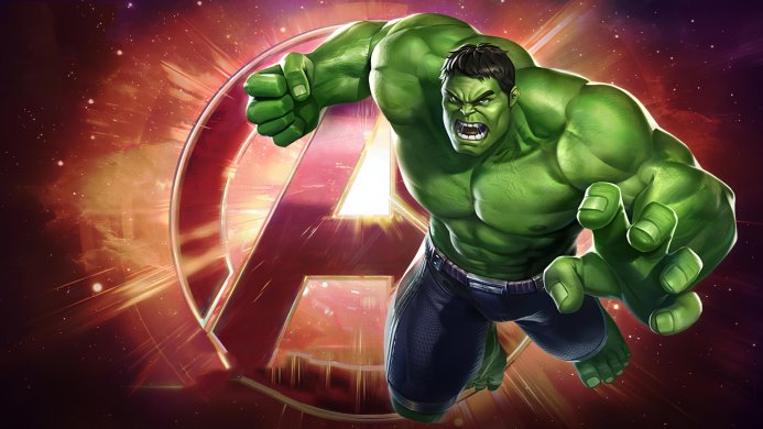 Hulk, an avenger character, with a tense face and gesture on the background of the avengers logo