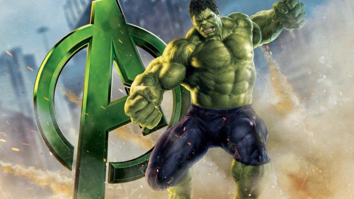 The Hulk, a superhero from The Avengers, flexing his muscles with an angry expression