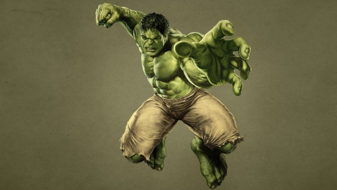 The Hulk lunges forward with a clenched fist, his green skin radiating superhuman power