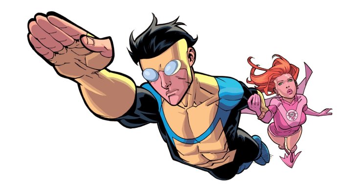 Invincible and Atom Eve flying together in a comic book style illustration