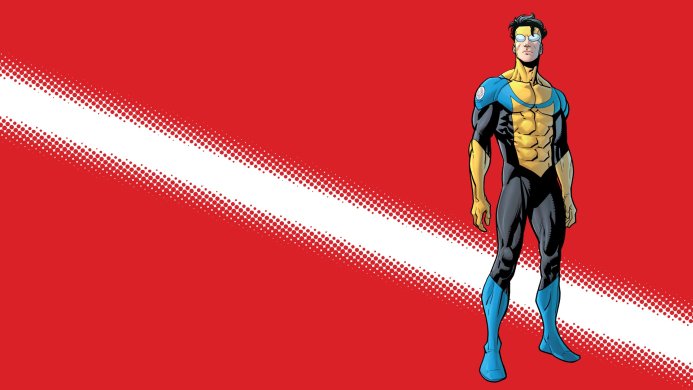 Invincible, the superhero, stands against a red background with a white stripe