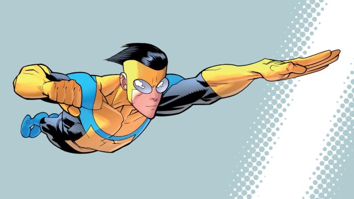 Invincible flying in his yellow and blue suit