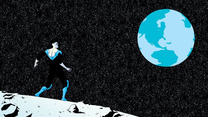 Invincible stands on a moon looking at Earth