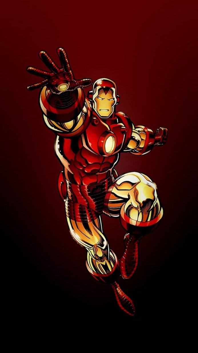 Iron Man in a dynamic pose, ready for action. Red and gold armored suit