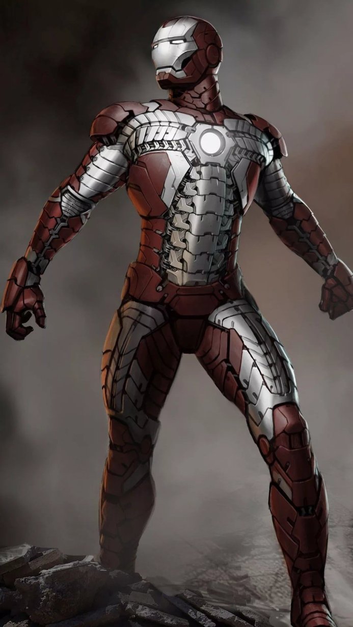 Iron Man in a red and silver suit of armor standing on debris