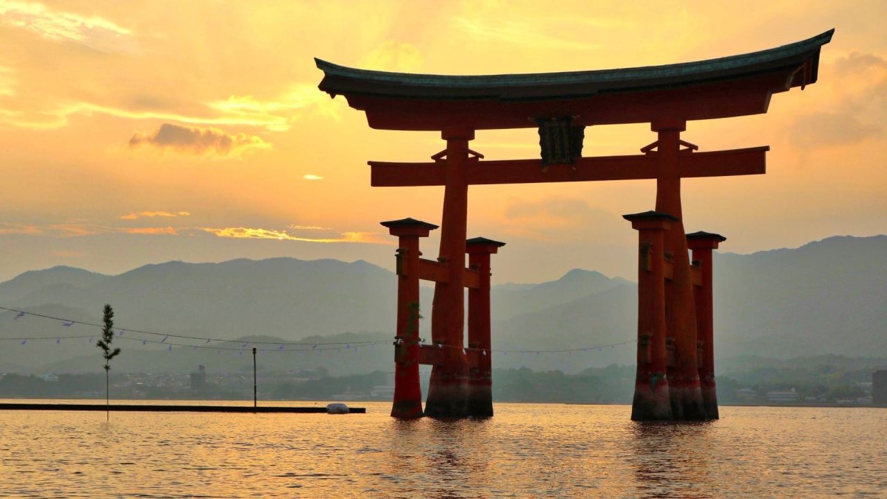 Itsukushima floating torii gate at sunset