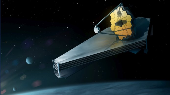 James Webb Space Telescope in space against a backdrop of planets and stars