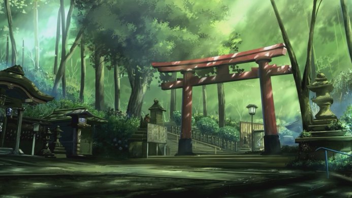 A torii gate stands at the entrance to a Japanese shrine in a lush forest, with stone lanterns
