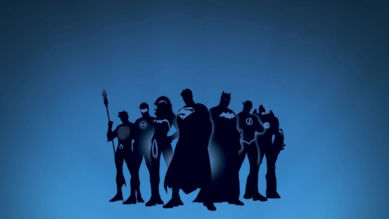 Justice League silhouettes on blue background