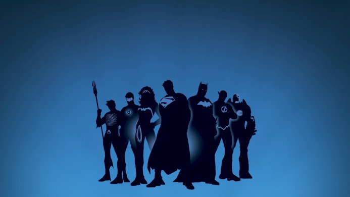 Silhouettes of the Justice League superheroes on a blue background