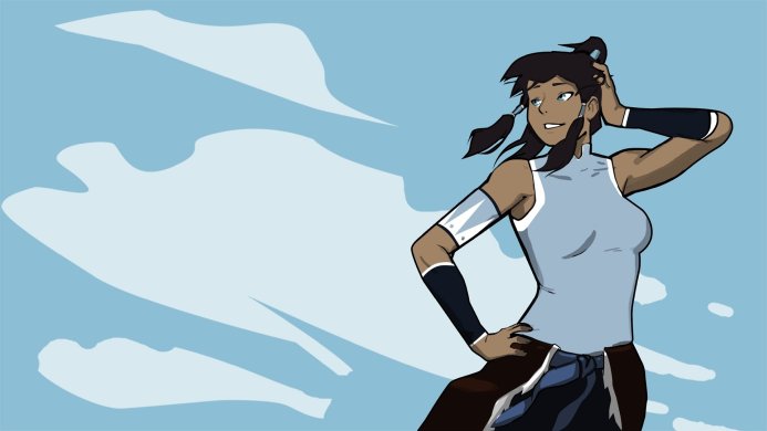 Korra, the Avatar from The Legend of Korra, posing against a blue sky background