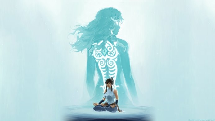 Korra meditating with a spirit energy behind her, from Avatar: The Legend of Korra