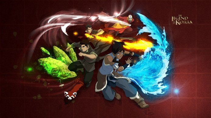 Characters from The Legend of Korra using elemental bending: water, earth, fire, and air