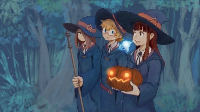 Akko, Lotte, and Sucy from Little Witch Academia dressed as witches holding a jack-o'-lantern