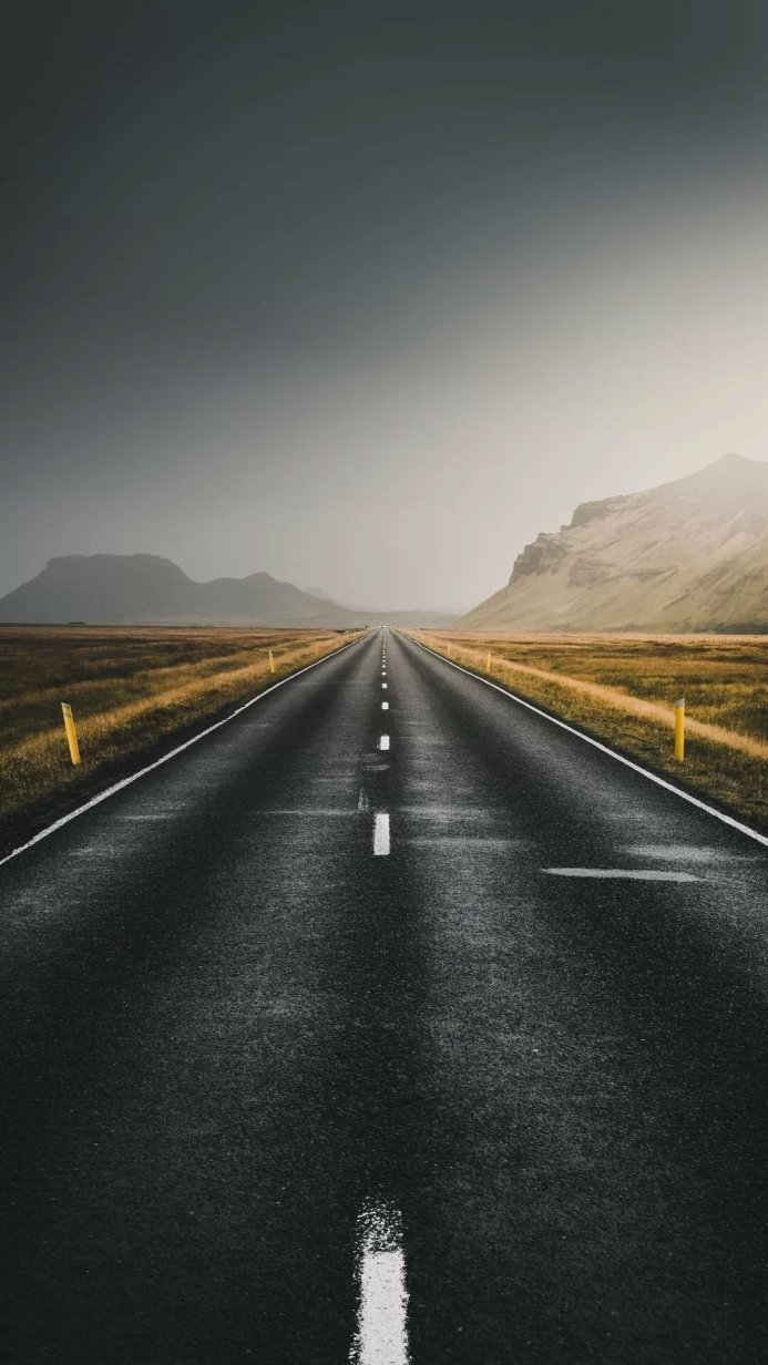 A long road stretching into the distance under a gray sky with mountains in the background