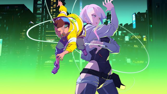 Lucy and David from Cyberpunk: Edgerunners against a neon cityscape