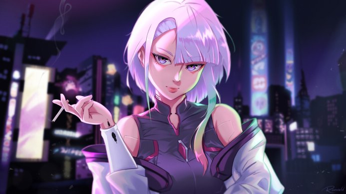 Lucy Kushinada from Cyberpunk: Edgerunners smokes in a futuristic city