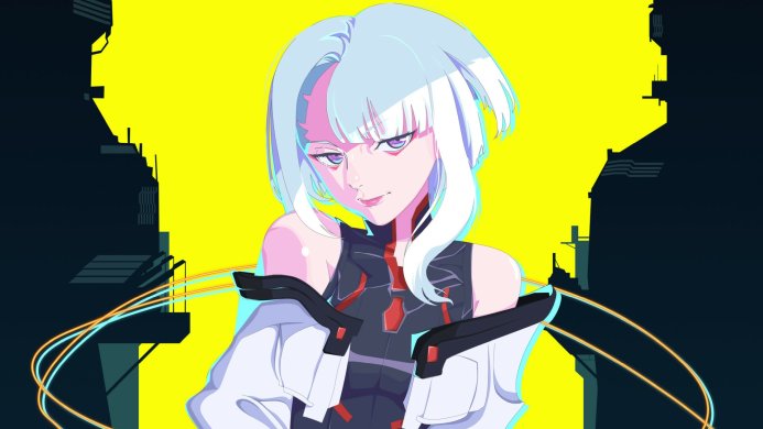 Lucy Kushinada from Cyberpunk: Edgerunners, anime style, against a city background