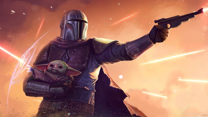 The Mandalorian holding Grogu, firing a blaster in a reddish orange environment