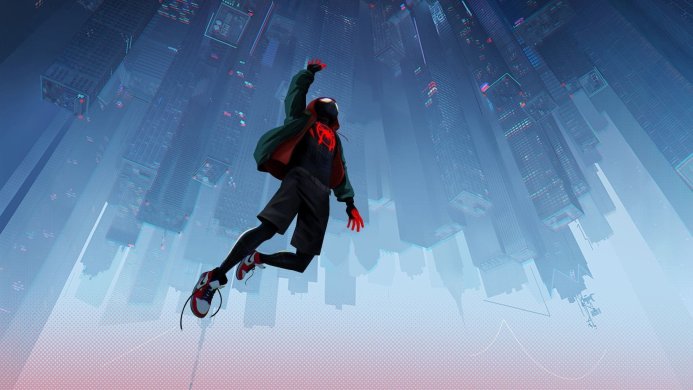 Miles Morales as Spider-Man soaring through a stylized cityscape