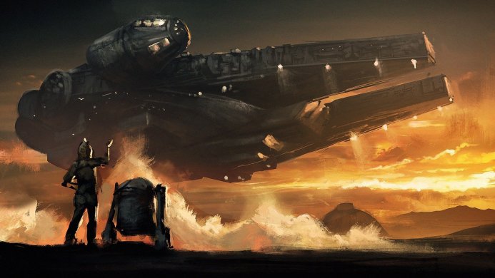 The Millennium Falcon lands near R2-D2 and a figure on an orange alien planet