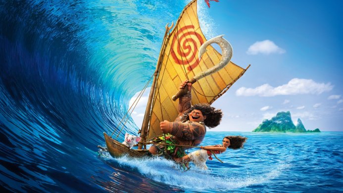 Moana, Maui, and Pua sailing on a boat riding a giant wave in the animated movie Moana