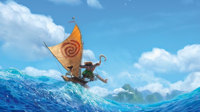 Moana and Maui sailing on the ocean in a boat with a sail, from the Disney movie Moana