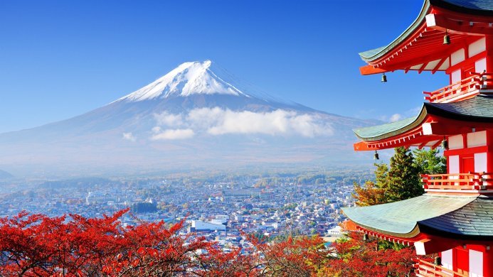 Mount Fuji with Chureito Pagoda during autumn season, Japan