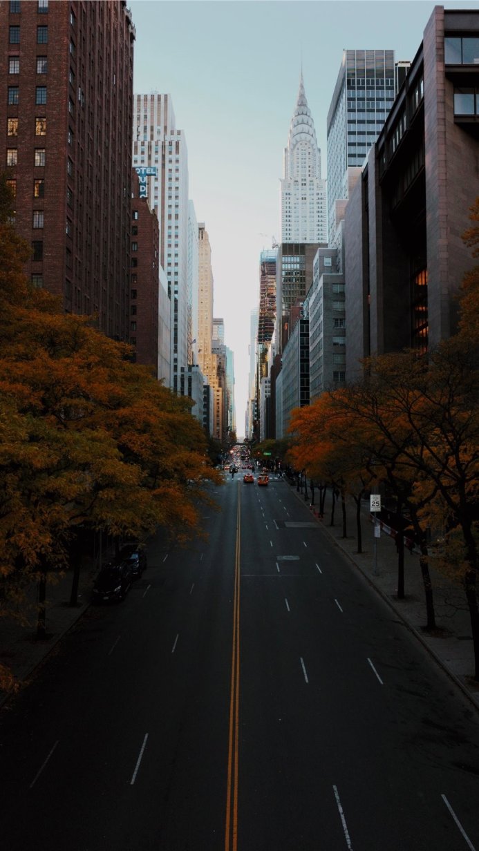 New York City street view with the Chrysler Building in the distance during autumn