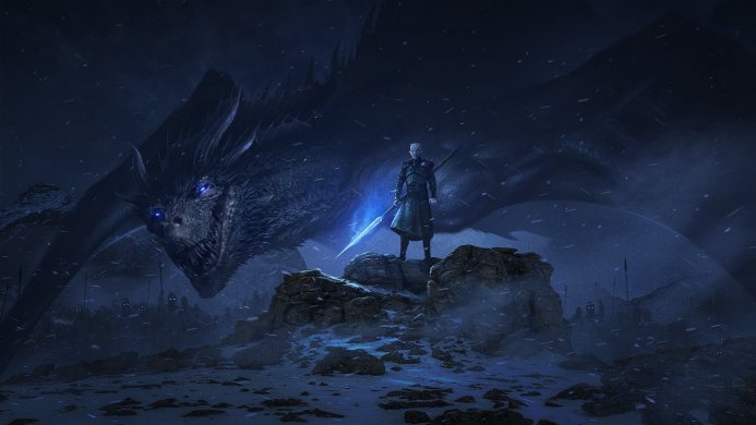 The Night King and the dragon Viserion from Game of Thrones stand on a snowy battlefield