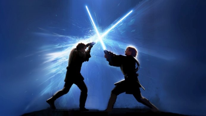 Obi-Wan Kenobi and Anakin Skywalker duel with lightsabers in Star Wars