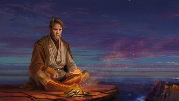 Obi-Wan Kenobi meditating by a campfire at sunset, from Star Wars
