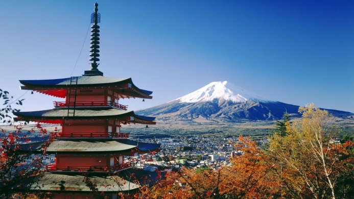 Pagoda and Mount Fuji in Japan on a clear day with blue sky