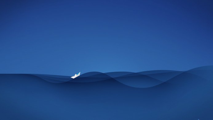 A white paper boat on blue waves, minimalist style