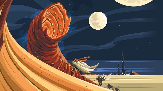 Paul Atreides in Dune facing a sandworm under the moon