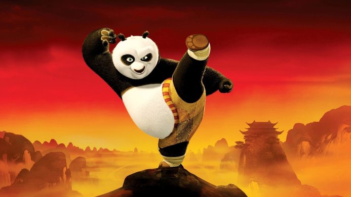Po, the panda from Kung Fu Panda, striking a martial arts pose with a scenic backdrop