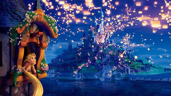 Rapunzel looking at floating lanterns in Disney's Tangled