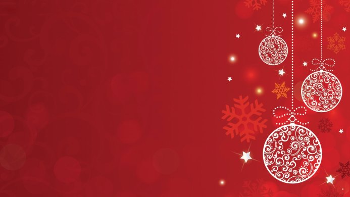 Red background with white christmas ornaments, snowflakes and stars