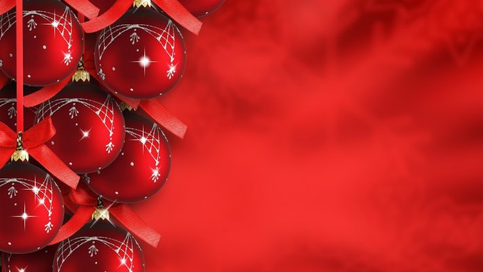 Red Christmas ornaments with silver details and red ribbons on a red background