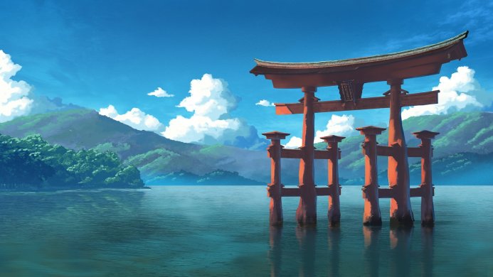A red torii gate standing in the water with mountains and a blue sky in the background
