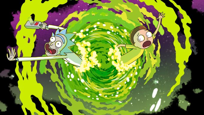 Rick and Morty falling through a green portal in the cartoon Rick and Morty